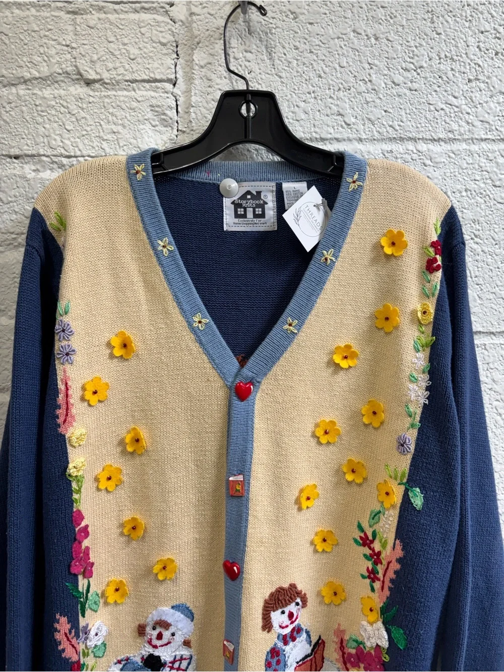 Vintage Storybook Knits Raggedy Anne Reading Embroidered Floral Cardigan